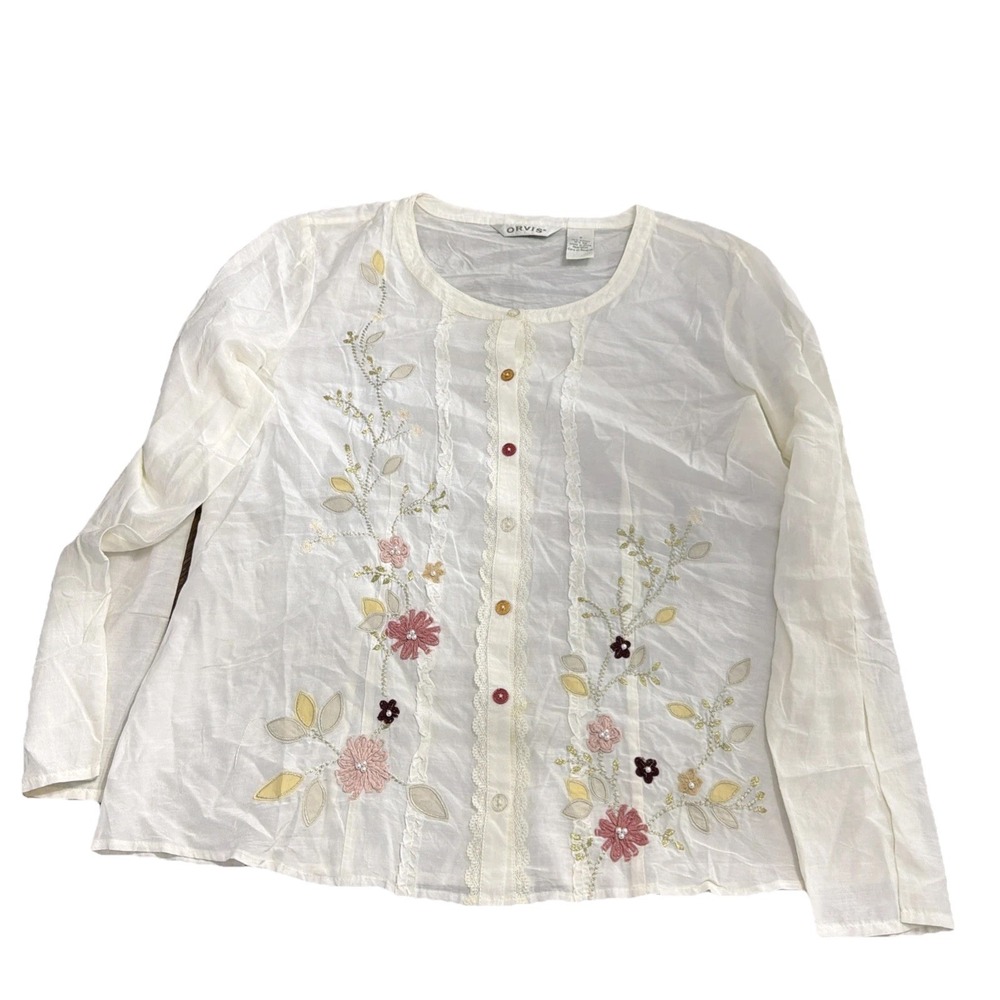 Vintage ORVIS Small Embroidered Flowers Long Sleeve White Beads And Buttons